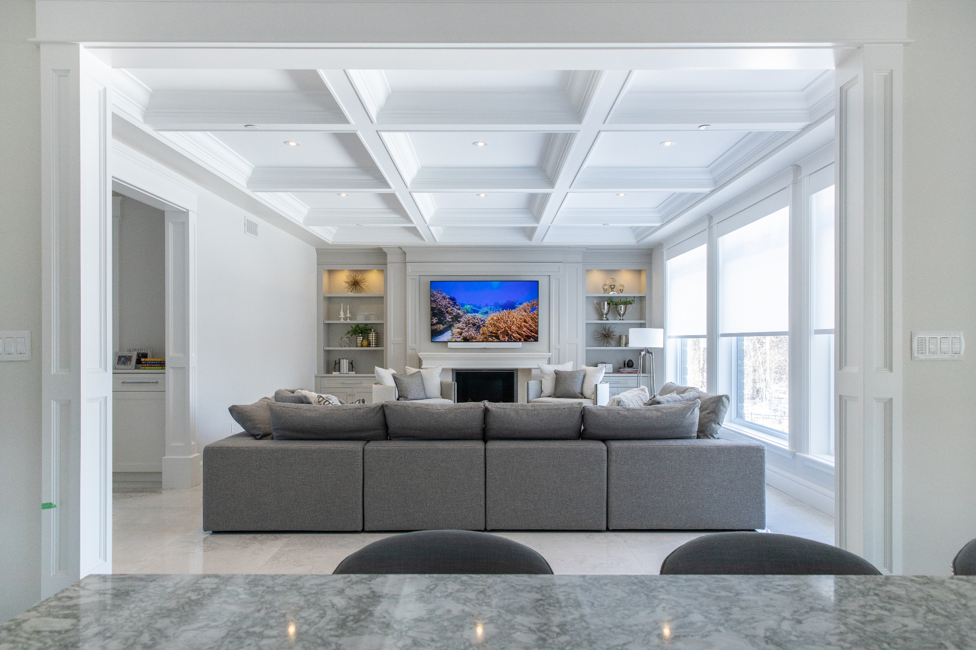 Coffered ceiling media room
